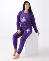 Two-Pieces Purple Fur Pajama with Rose Embroidery