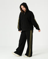 Black Ribbed Velvet Tracksuit with Gold Stripes