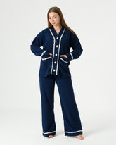 Navy Ribbed Velvet Pajama Set with Lace Trim