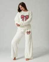 Women's Soft Fur Winter Pajama Set – White with Pink Bow Design