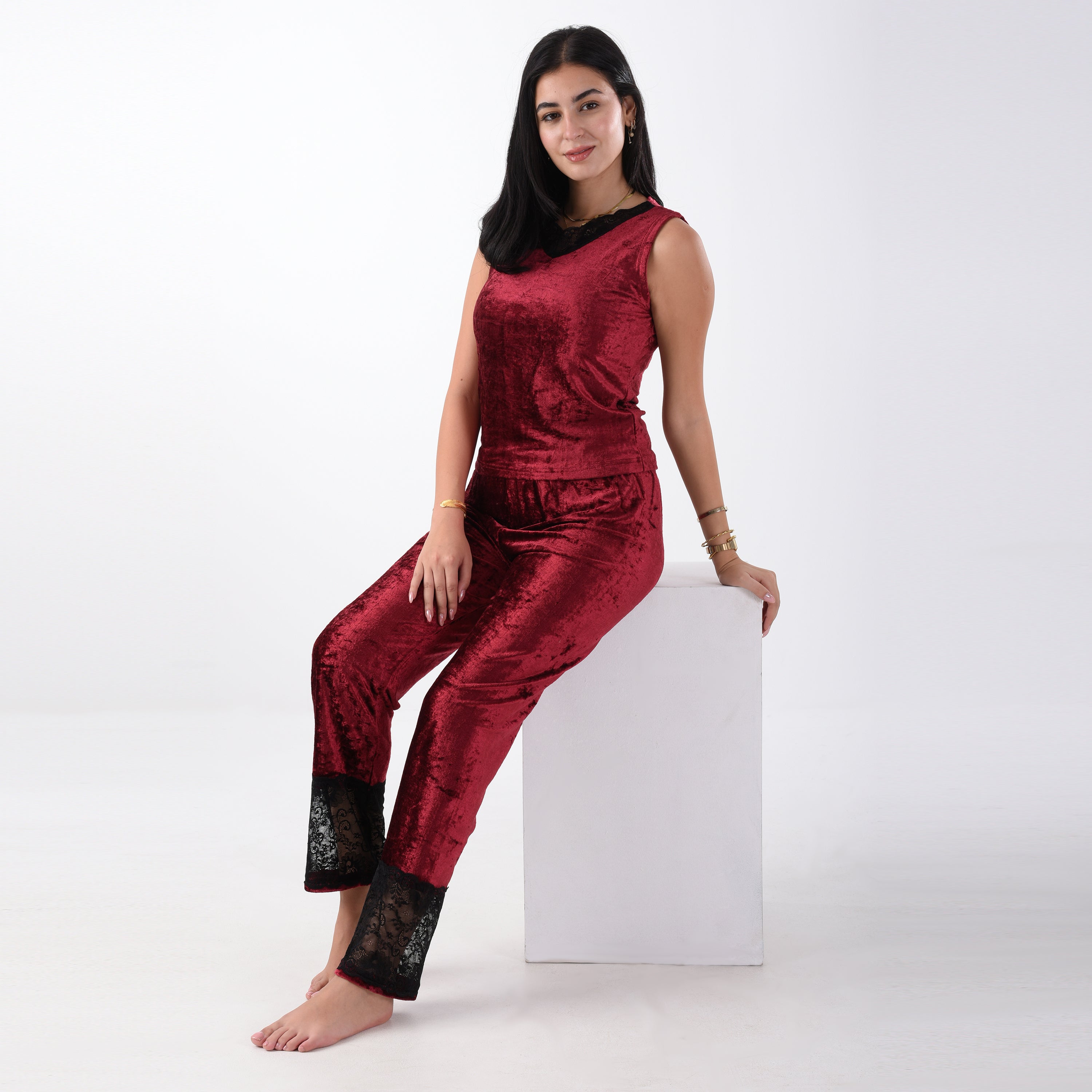 Bride French velvet Maroon Pajama with Lace