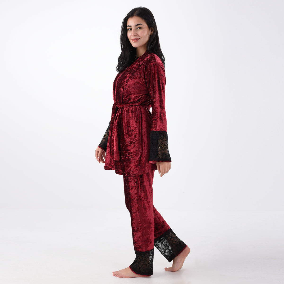 Bride French velvet Maroon Pajama with Lace