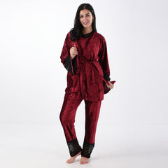 Bride French velvet Maroon Pajama with Lace