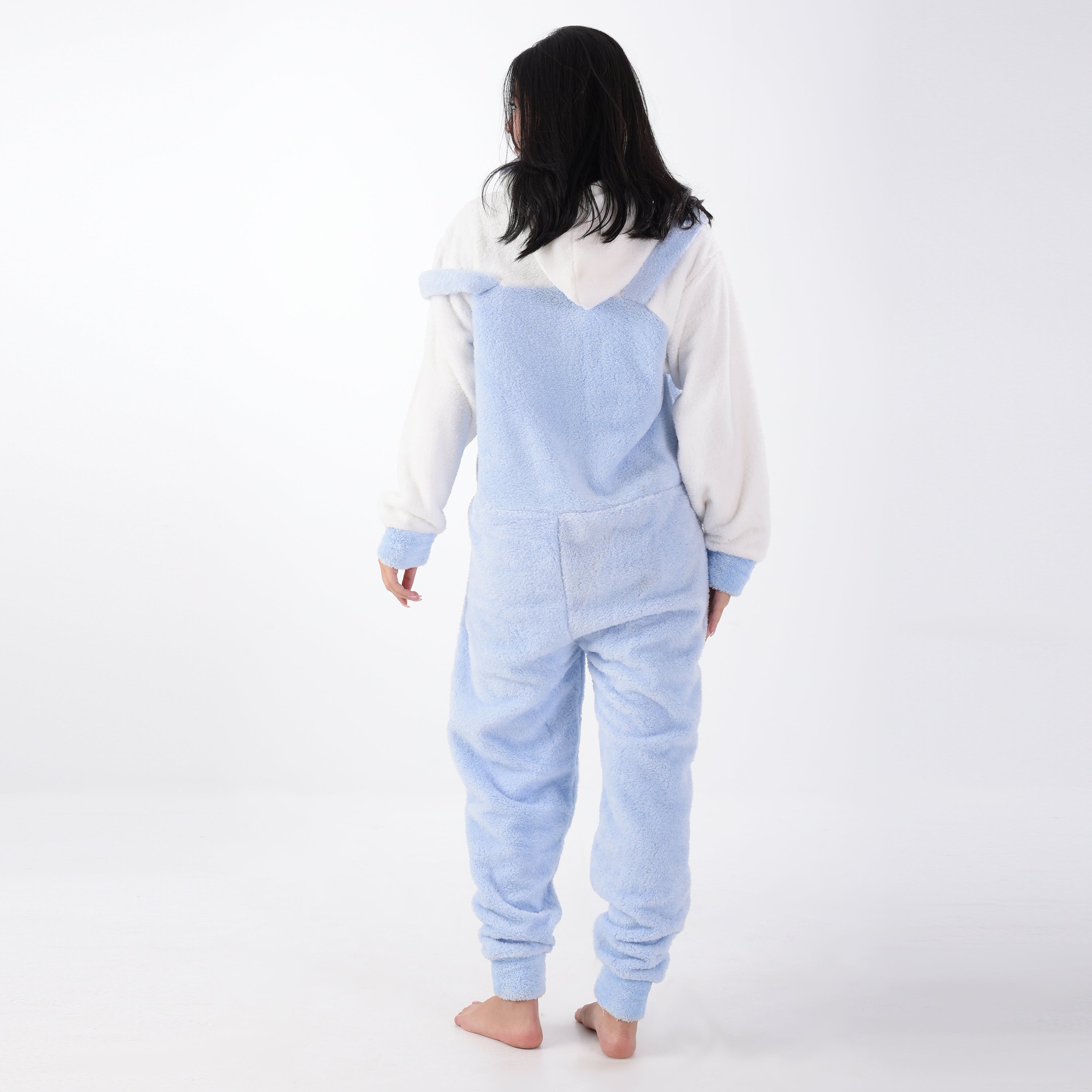 Fur Baby Blue Jumpsuit with a Zipper in the Middle and Embroidery