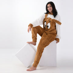 Fur Brown Jumpsuit with a Zipper in the Middle and Embroidery