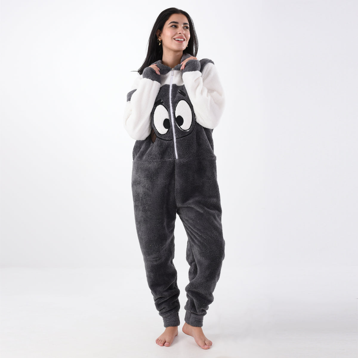 Fur Gray Jumpsuit with a Zipper in the Middle and Embroidery