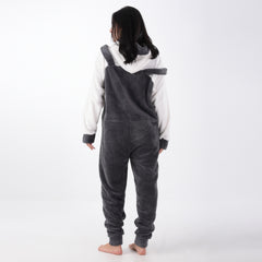 Fur Gray Jumpsuit with a Zipper in the Middle and Embroidery