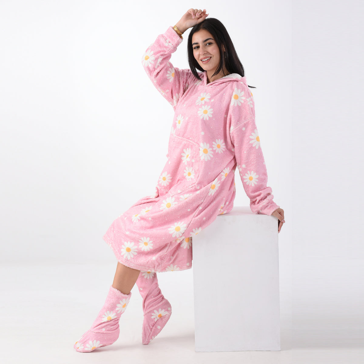 Floral Printed Fur Nightshirt with Fur Laklok