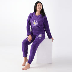 Two-Pieces Purple Fur Pajama with Rose Embroidery