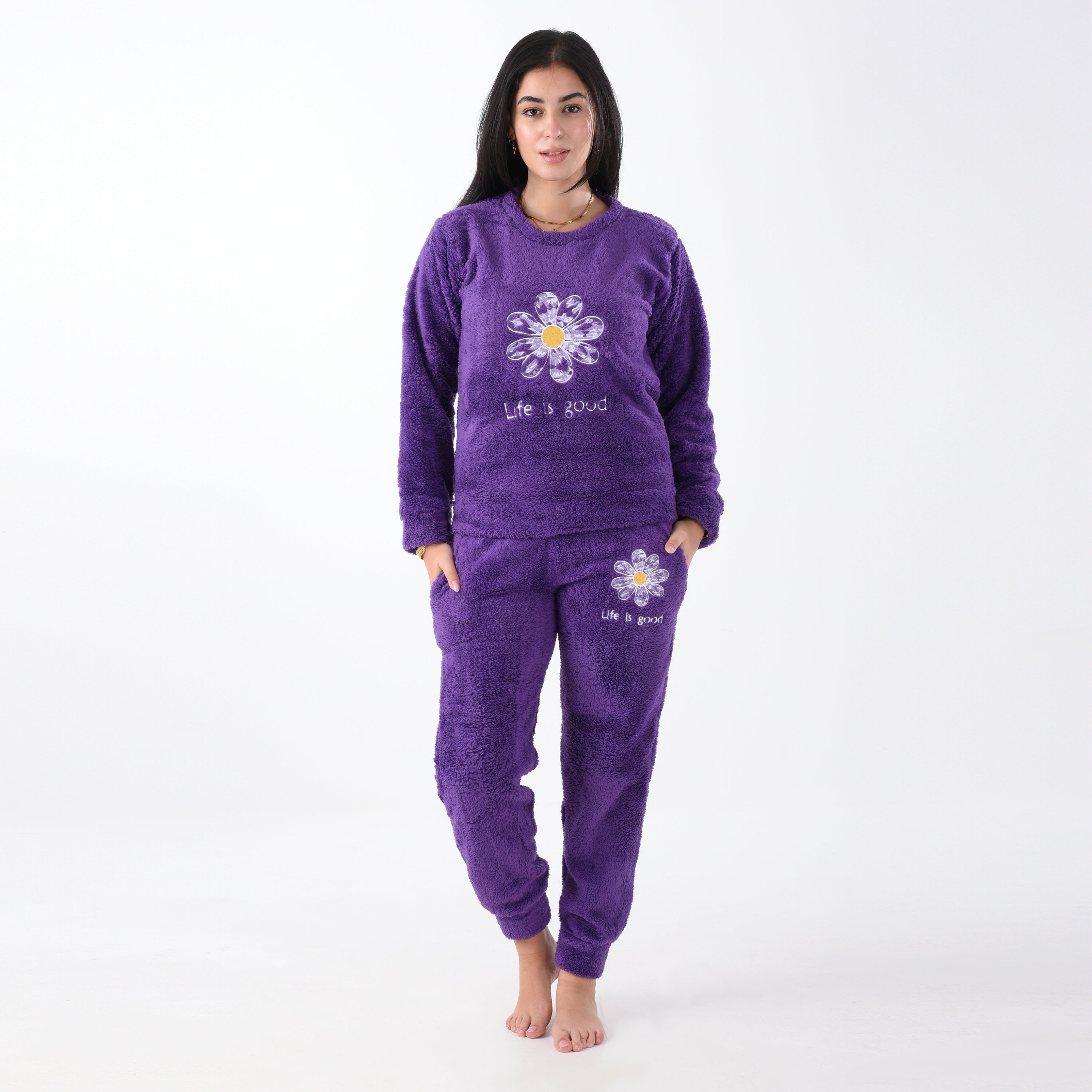 Two-Pieces Purple Fur Pajama with Rose Embroidery