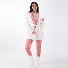 3-pieces pajama set - fur robe with printed velour pants and pantofle