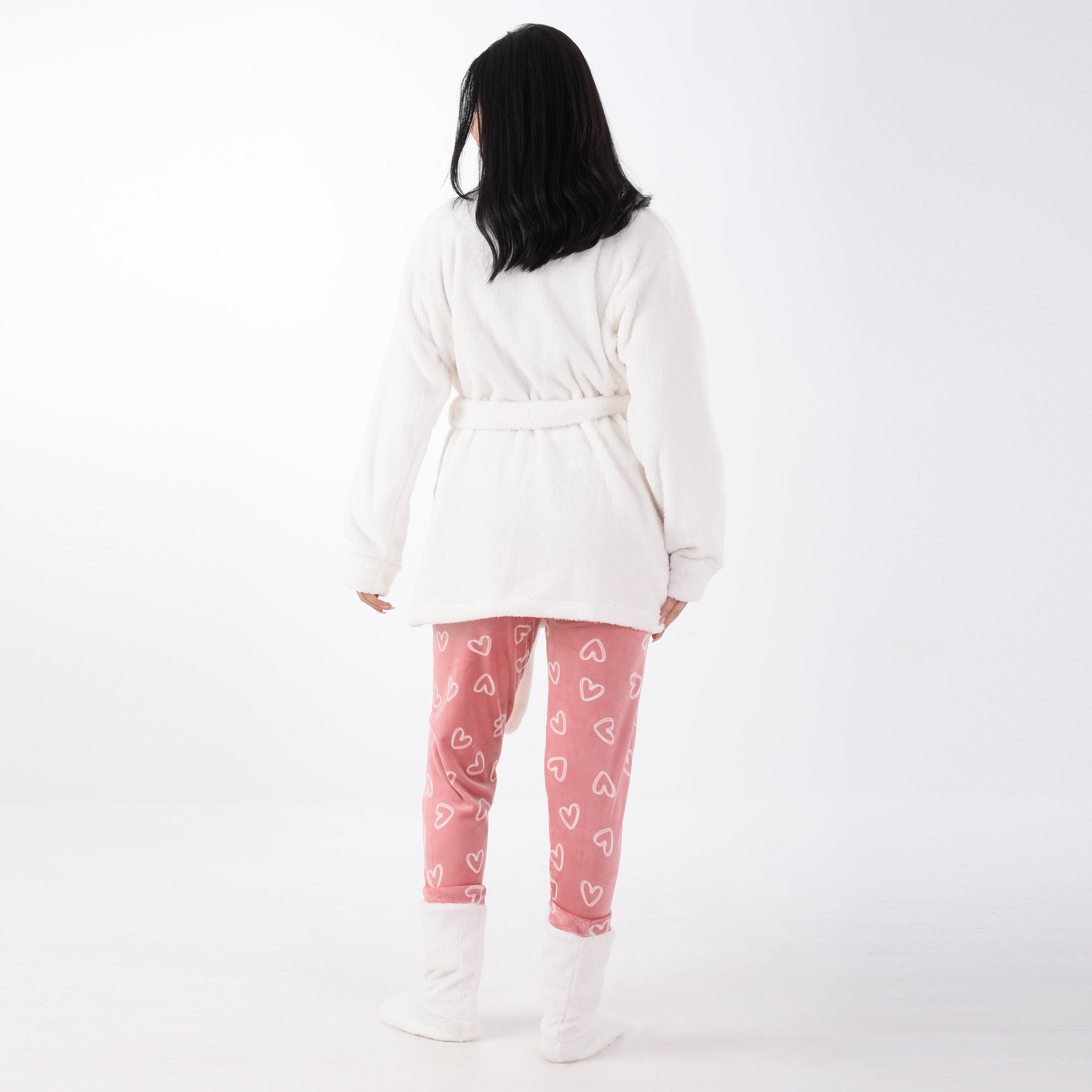 3-pieces pajama set - fur robe with printed velour pants and pantofle