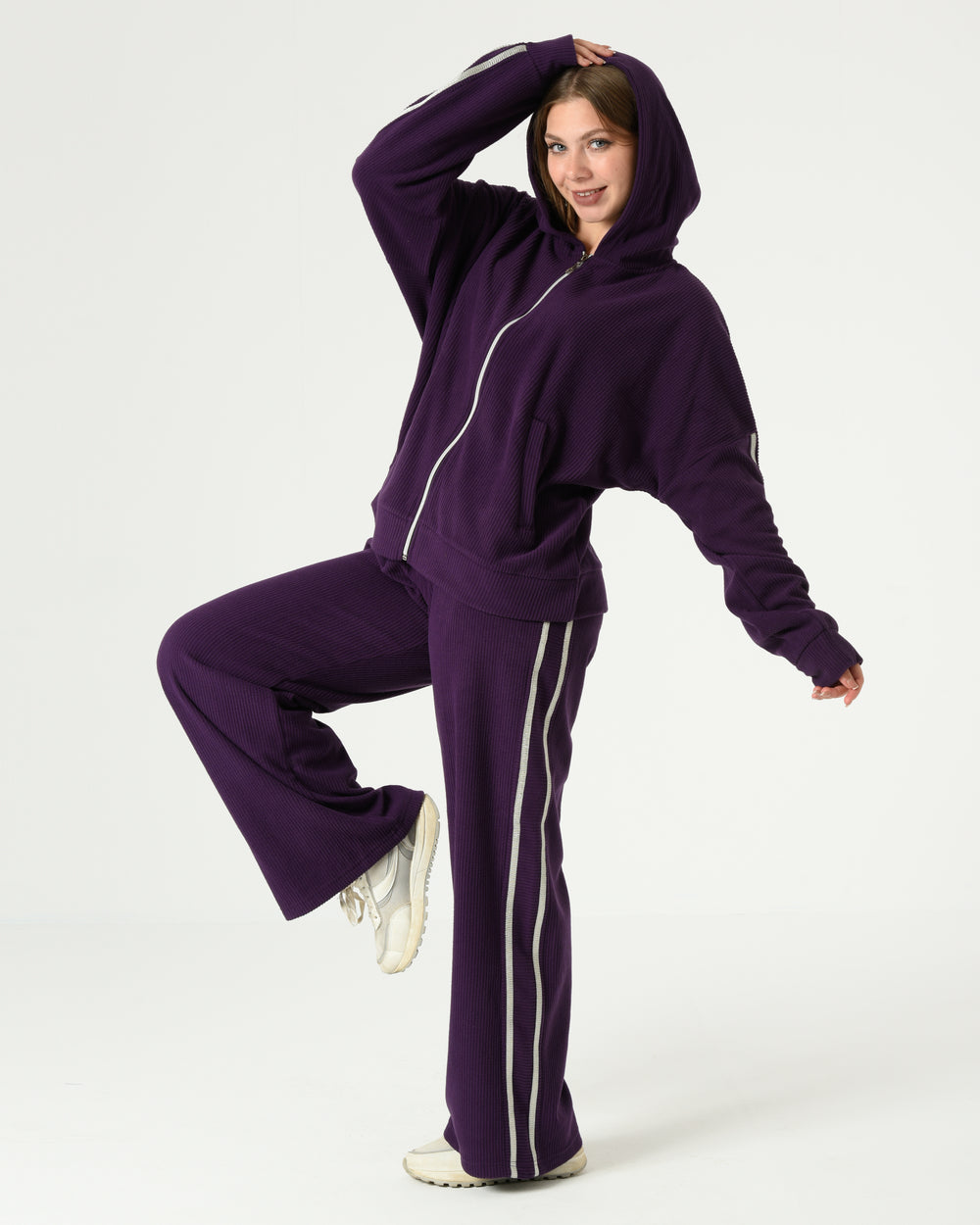 Purple Ribbed Velvet Tracksuit with Silver Stripes
