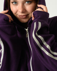 Purple Ribbed Velvet Tracksuit with Silver Stripes