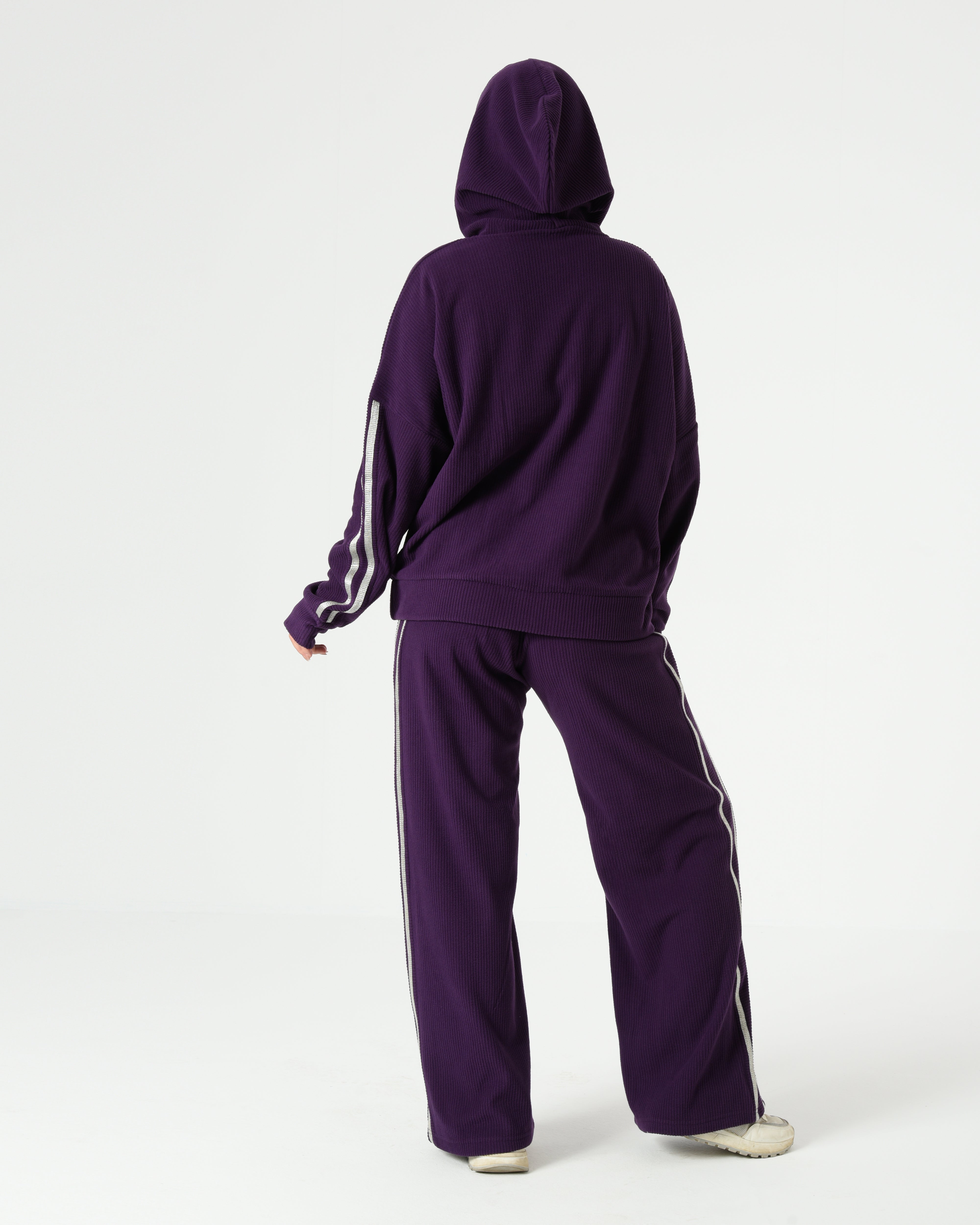 Purple Ribbed Velvet Tracksuit with Silver Stripes