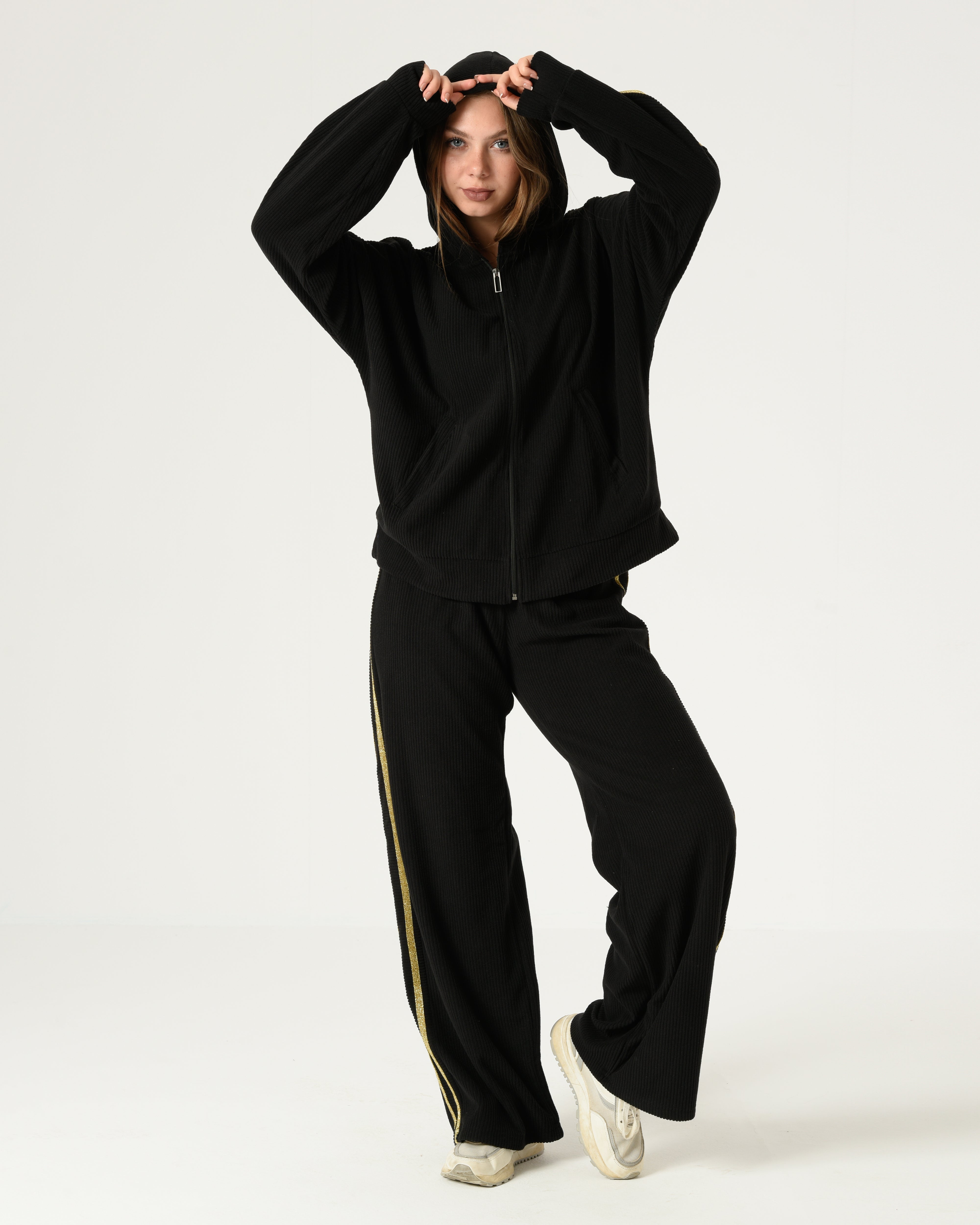 Black Ribbed Velvet Tracksuit with Gold Stripes