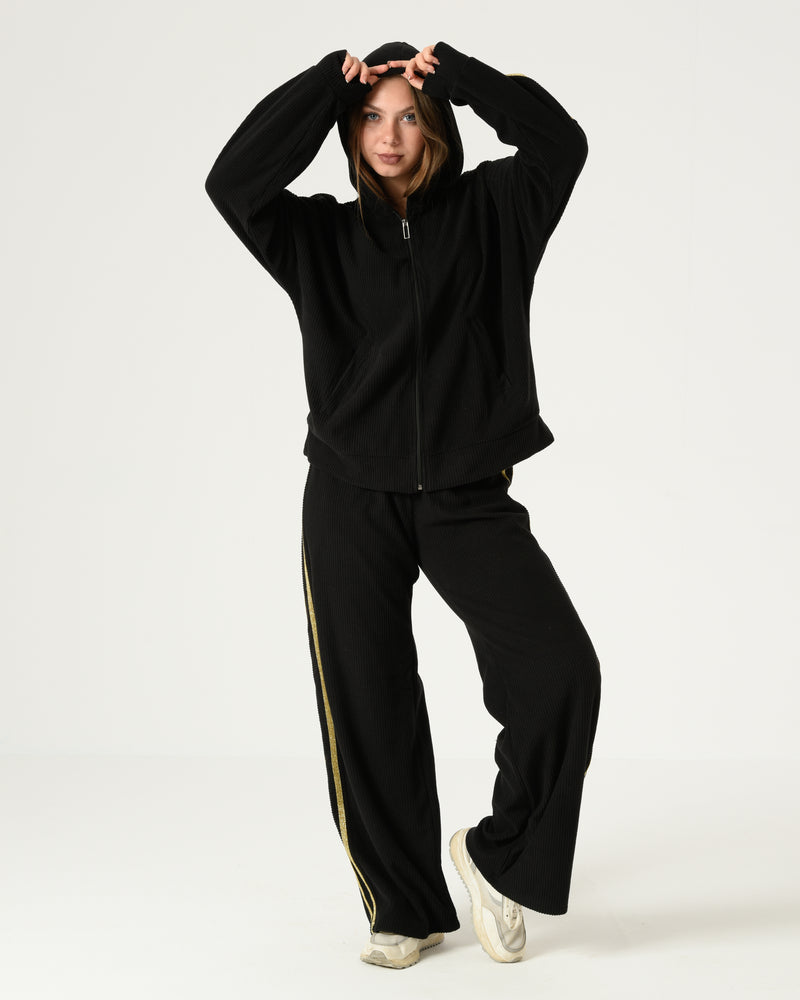 black velvet tracksuit women gold stripes
