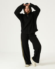 Black Ribbed Velvet Tracksuit with Gold Stripes