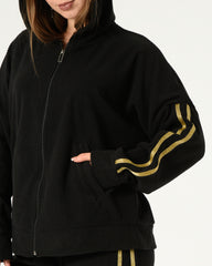Black Ribbed Velvet Tracksuit with Gold Stripes