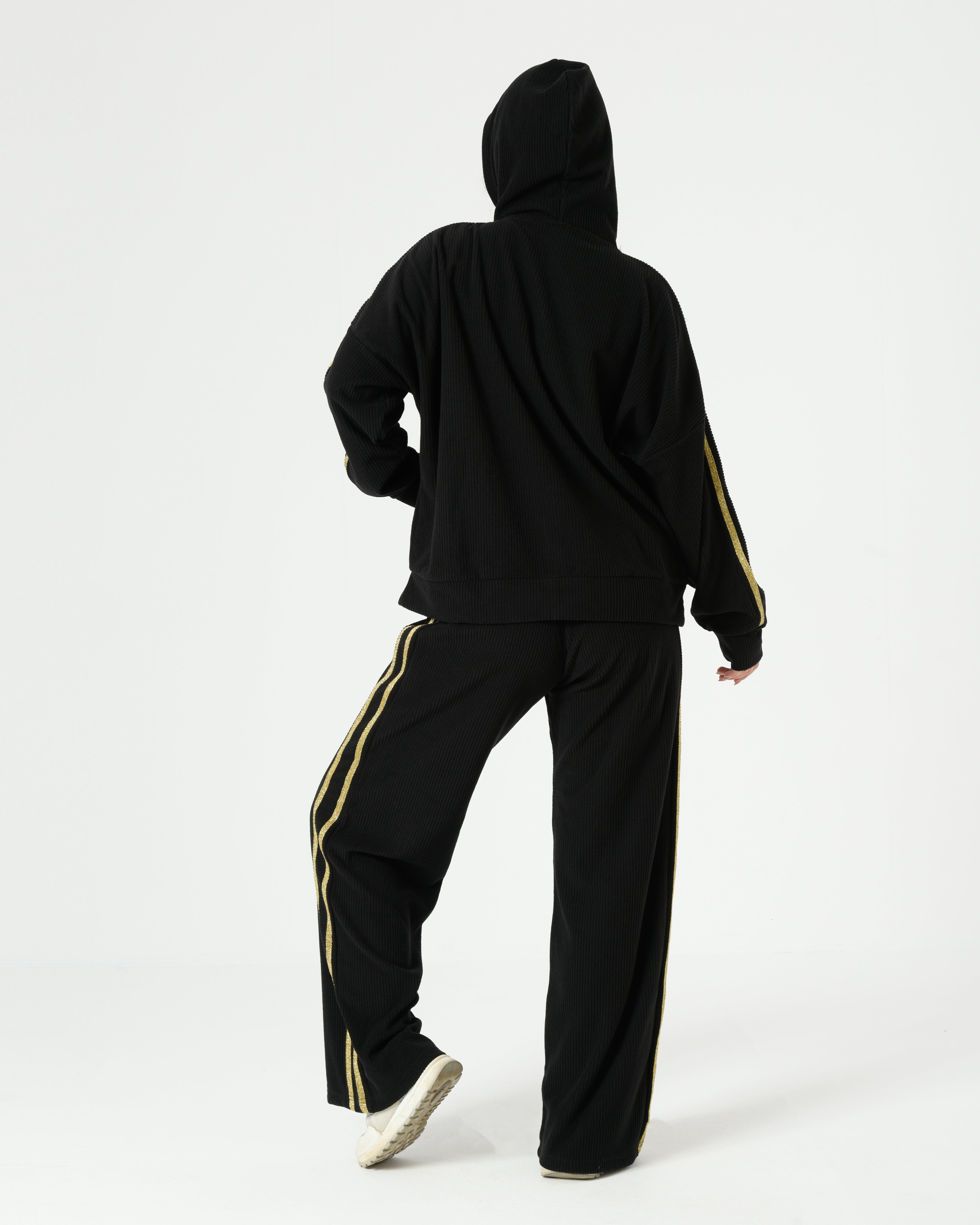 Black Ribbed Velvet Tracksuit with Gold Stripes