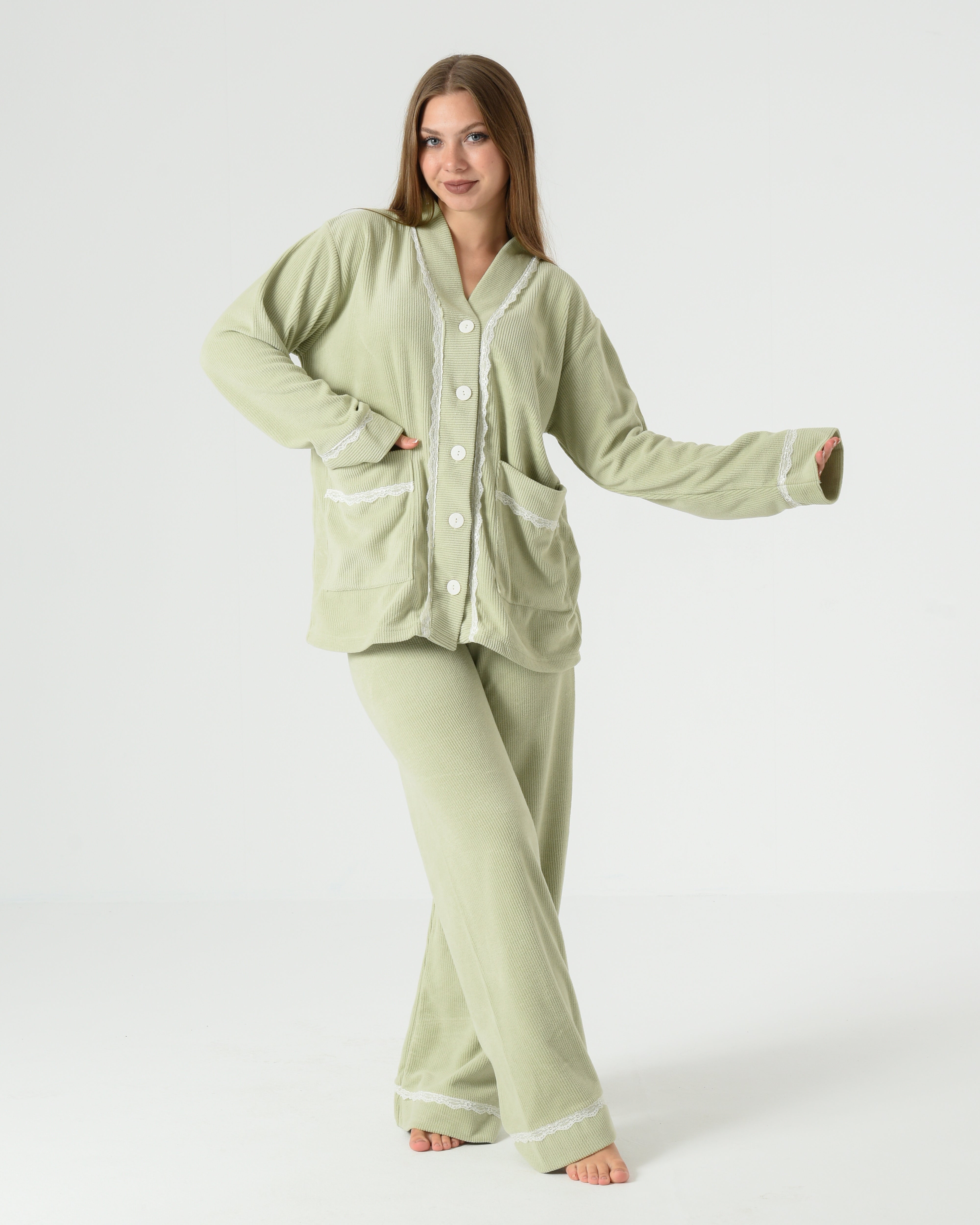 Ribbed Velvet Pajama Set with Lace Trim