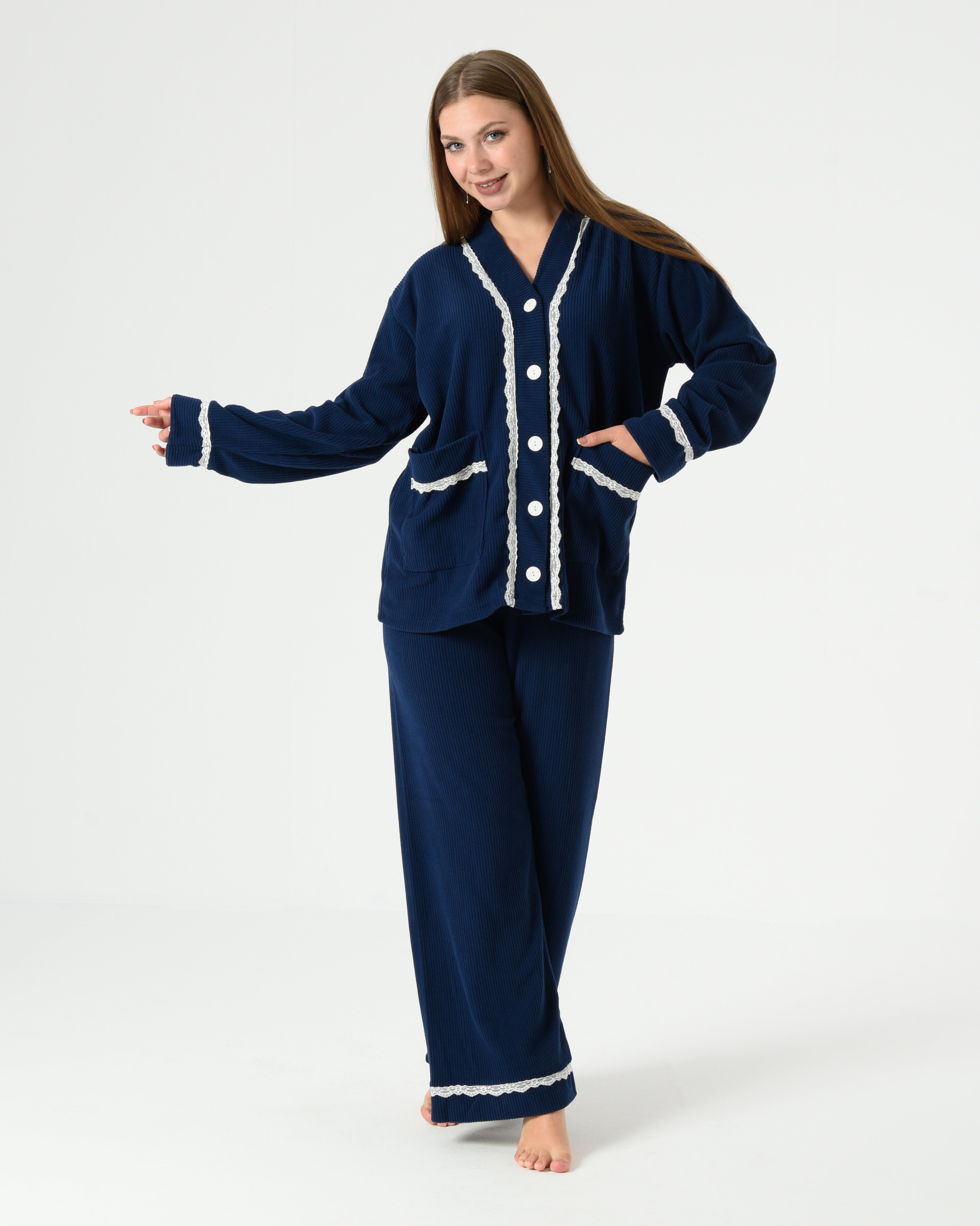 Navy Ribbed Velvet Pajama Set with Lace Trim
