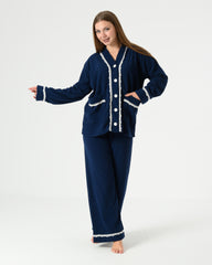 Navy Ribbed Velvet Pajama Set with Lace Trim