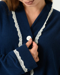 Navy Ribbed Velvet Pajama Set with Lace Trim