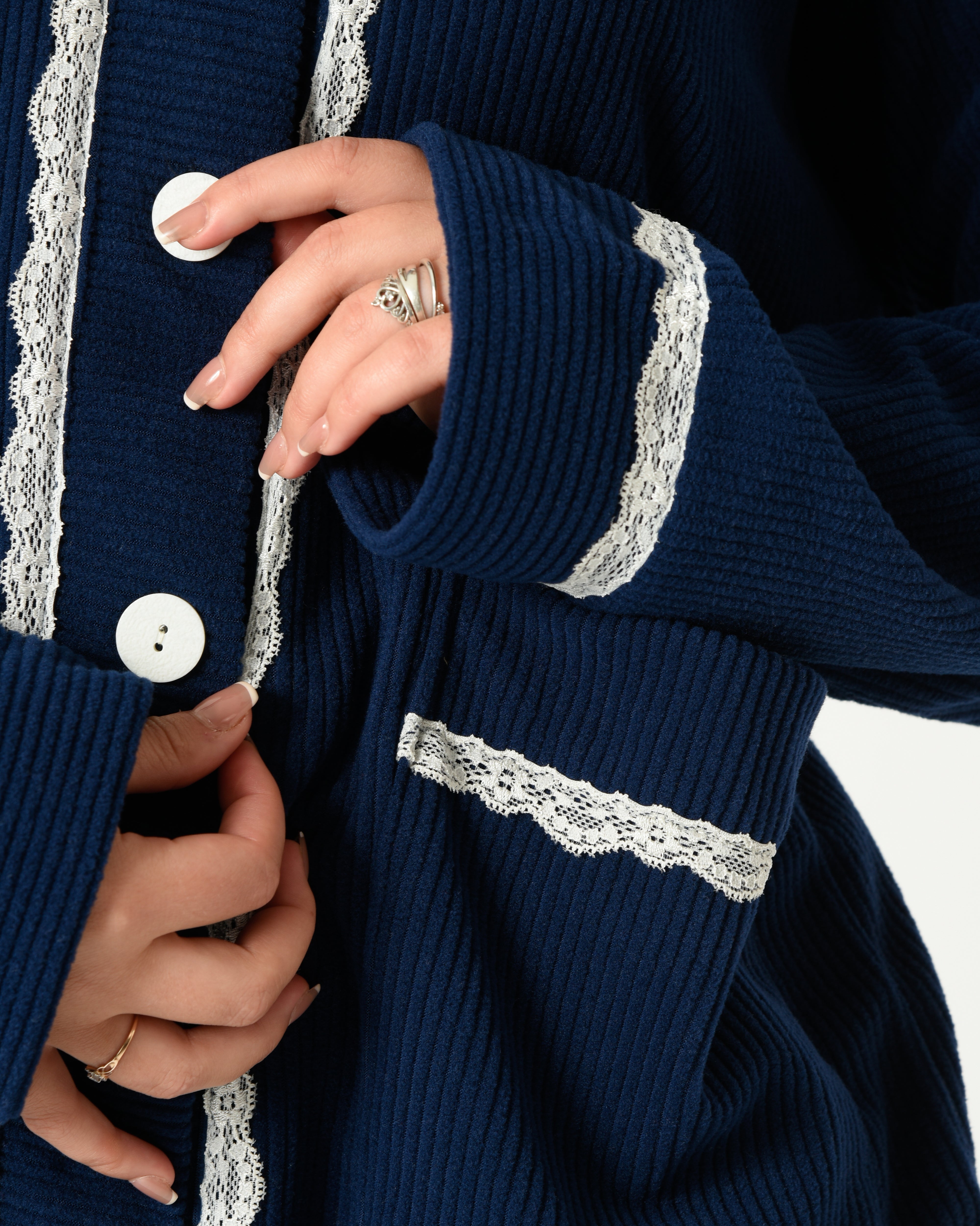 Navy Ribbed Velvet Pajama Set with Lace Trim