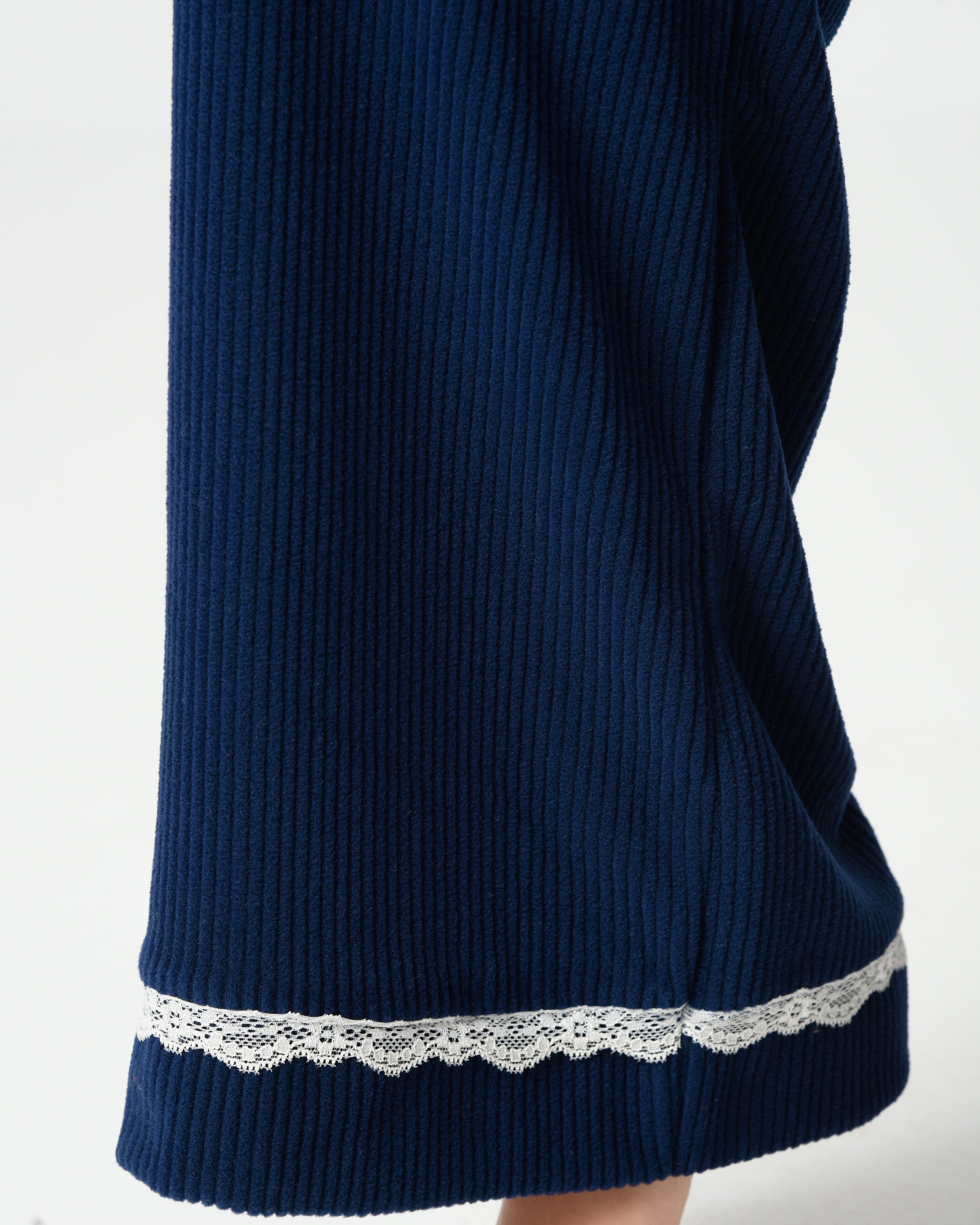 Navy Ribbed Velvet Pajama Set with Lace Trim