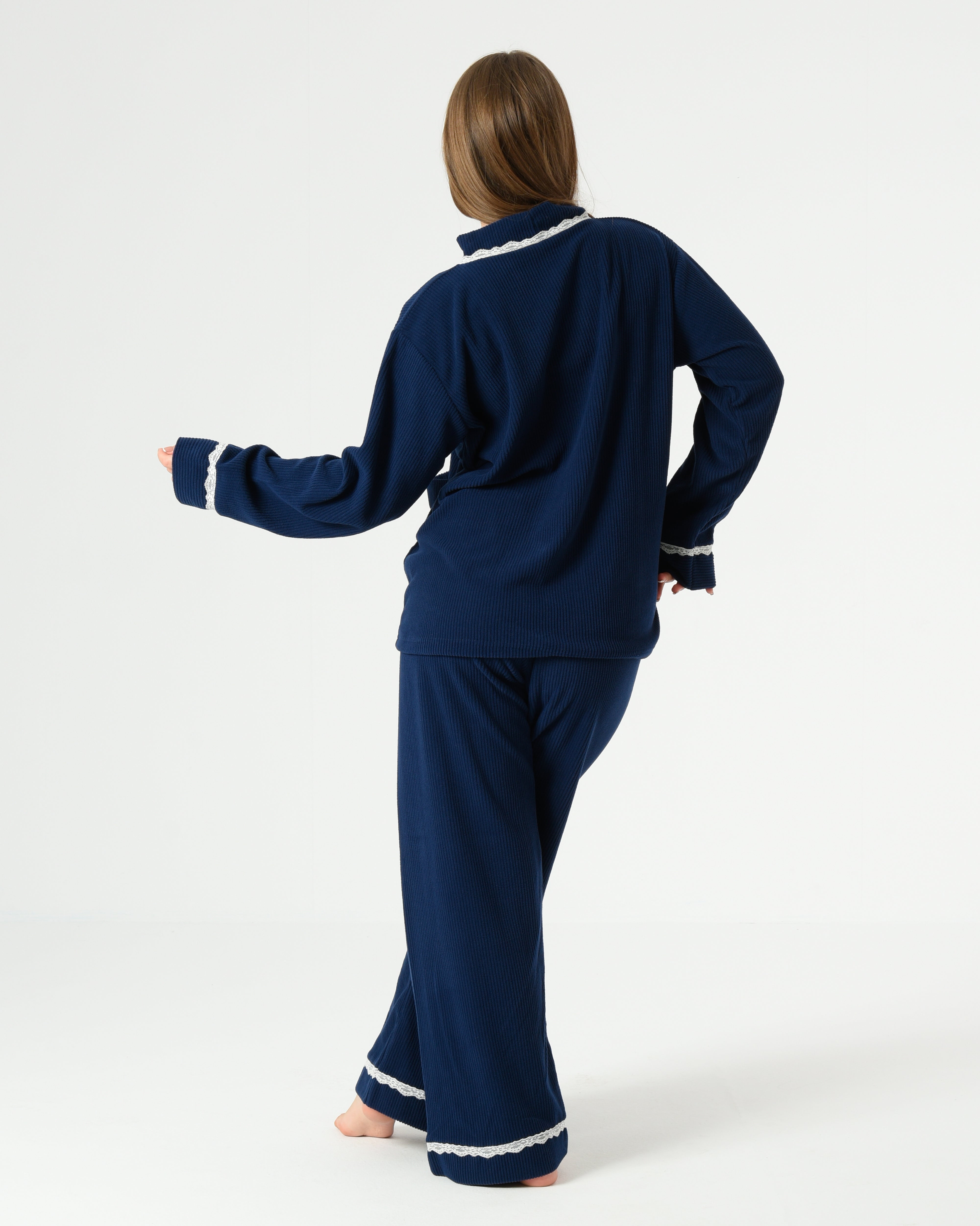 Navy Ribbed Velvet Pajama Set with Lace Trim