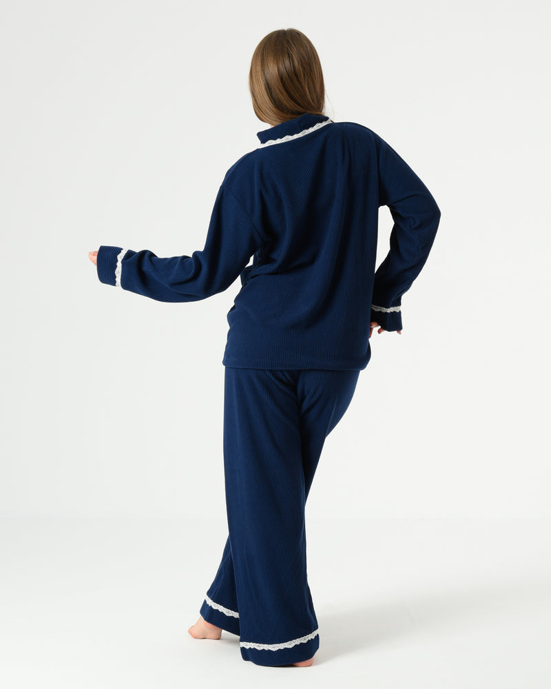 navy velvet pajama women lace trim
