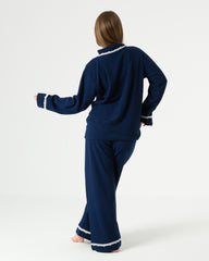 Navy Ribbed Velvet Pajama Set with Lace Trim