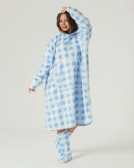 Women's Oversized Winter Hoodie Night Shirt– Blue Check Fur with Matching Socks