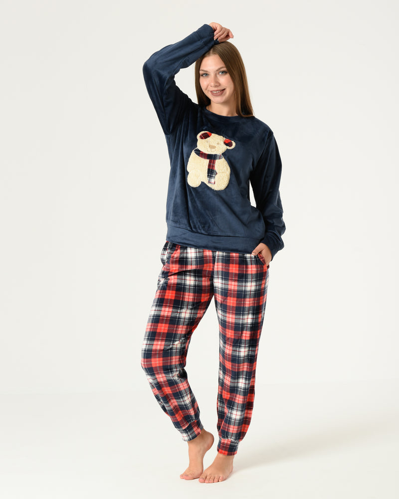 Teddy Velvet Pajama Set – Teddy Embroidered Top with Checkered Pants