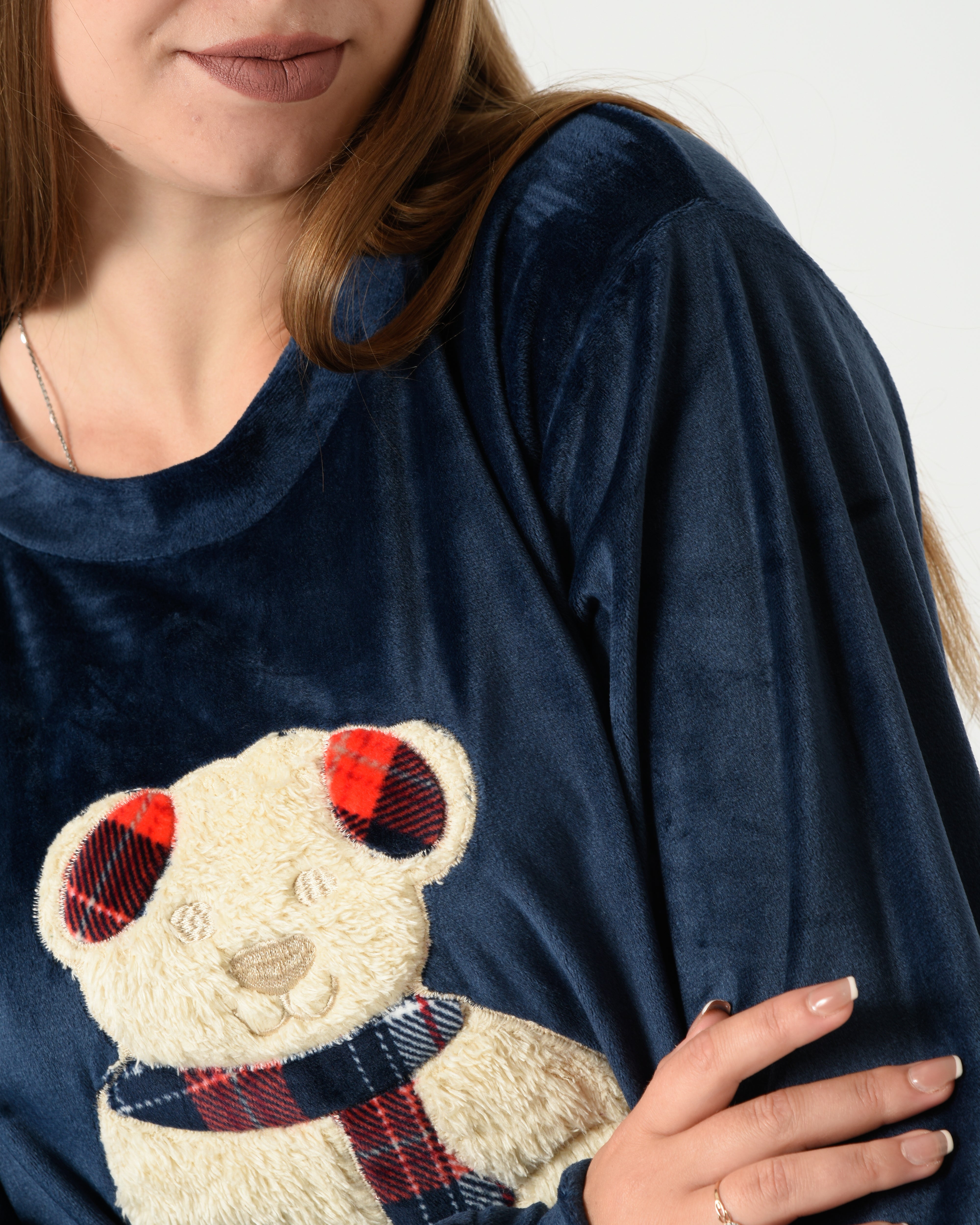 Teddy Velvet Pajama Set – Teddy Embroidered Top with Checkered Pants