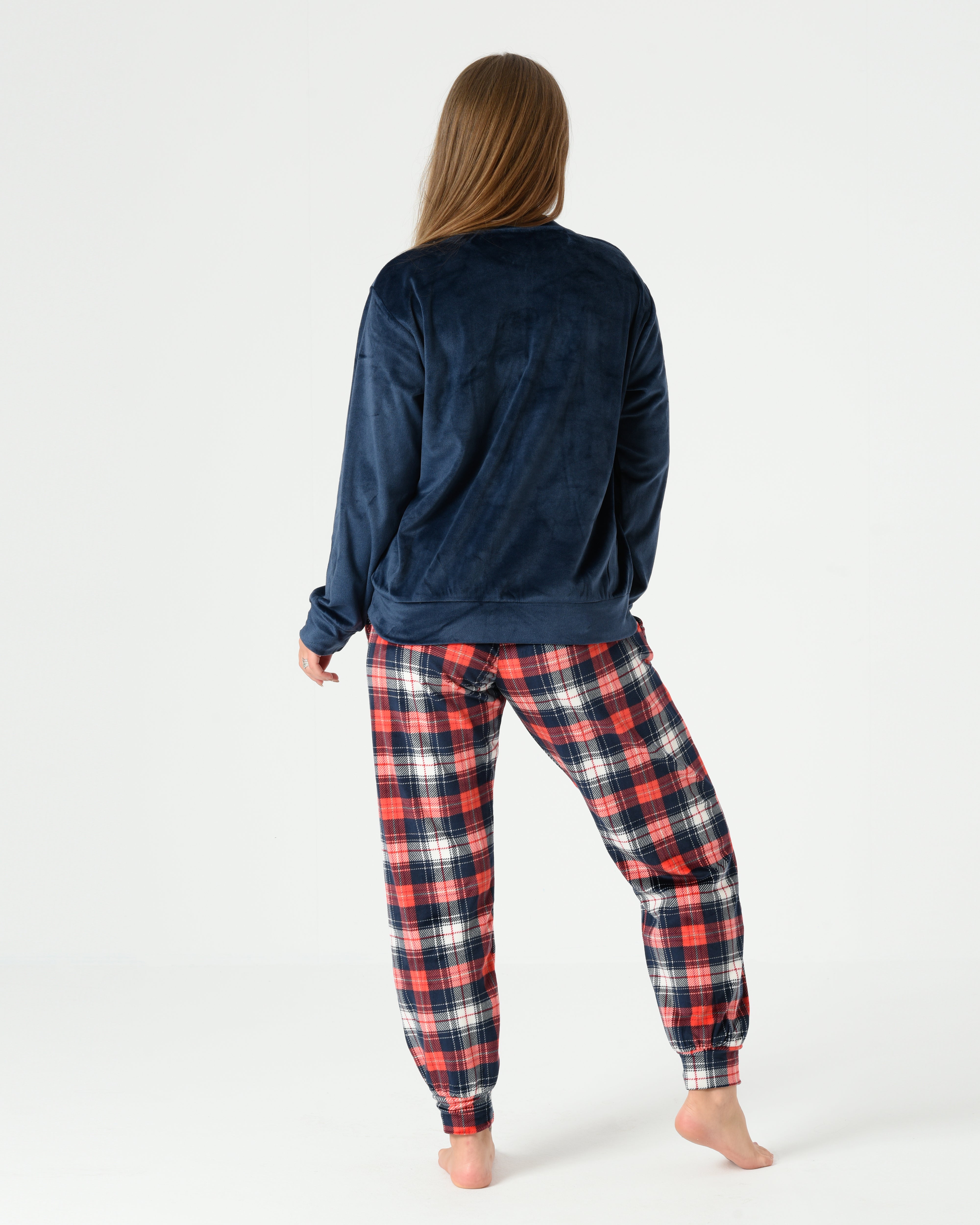 Teddy Velvet Pajama Set – Teddy Embroidered Top with Checkered Pants