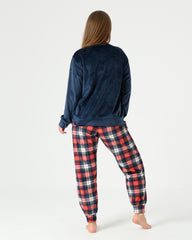 Teddy Velvet Pajama Set – Teddy Embroidered Top with Checkered Pants
