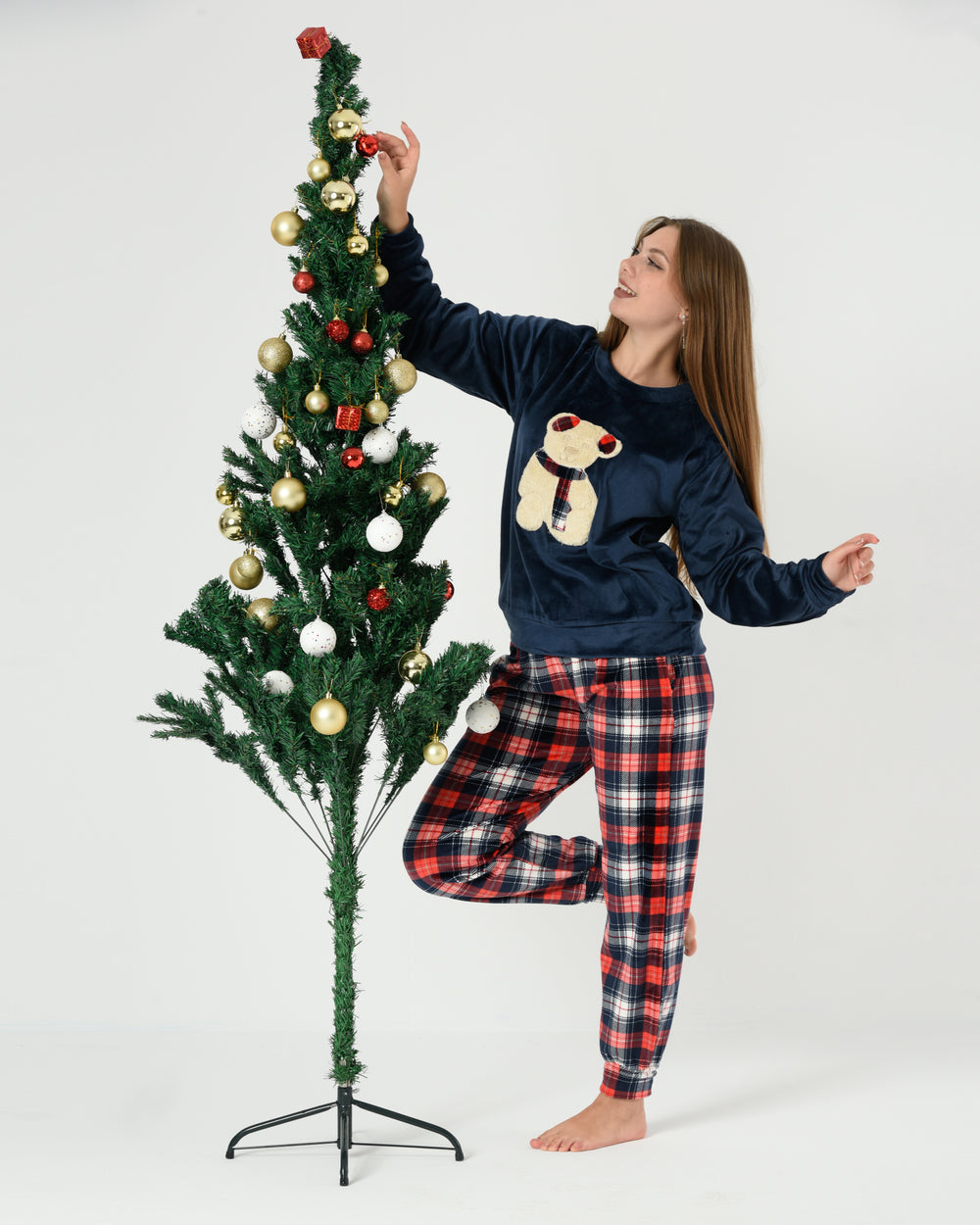 Teddy Velvet Pajama Set – Teddy Embroidered Top with Checkered Pants