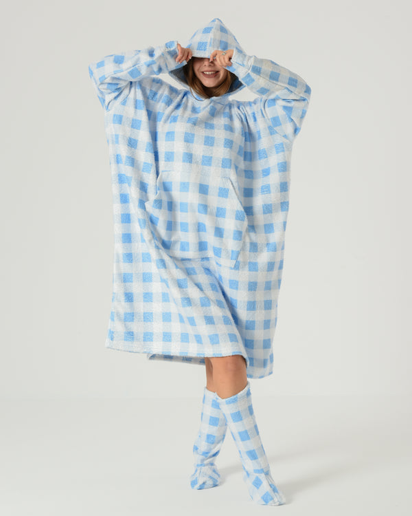 Women's Oversized Winter Hoodie Night Shirt– Blue Check Fur with Matching Socks