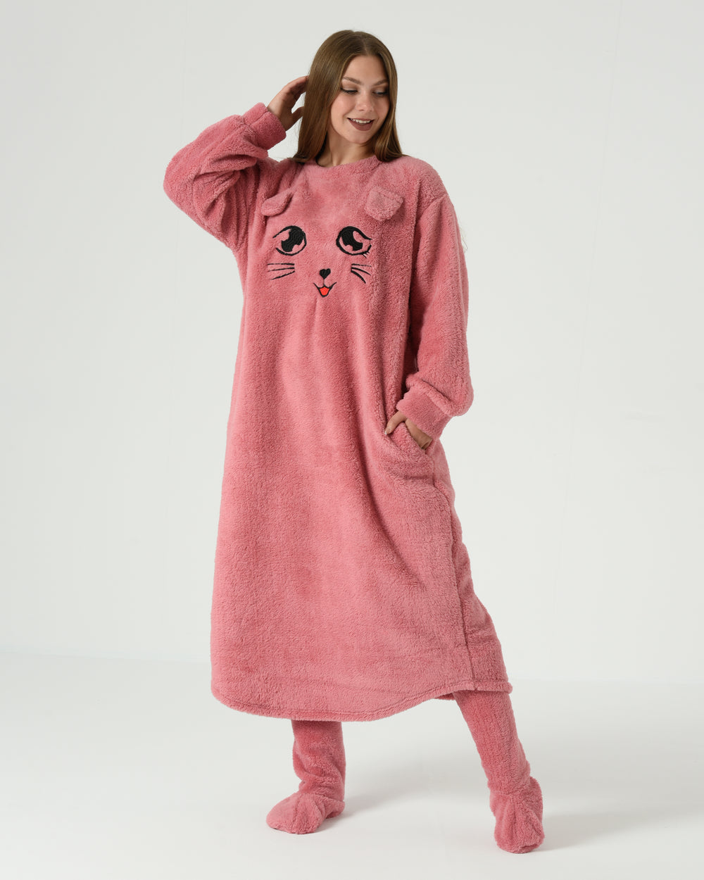 Women's Long Winter Fur Night-Shirt with Socks – Pink Cozy Homewear