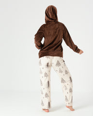 Women Winter Velvet Hoodie Pajama Set – Brown Soft Fabric & Printed Pants | Pyjamoda Cozy Homewear