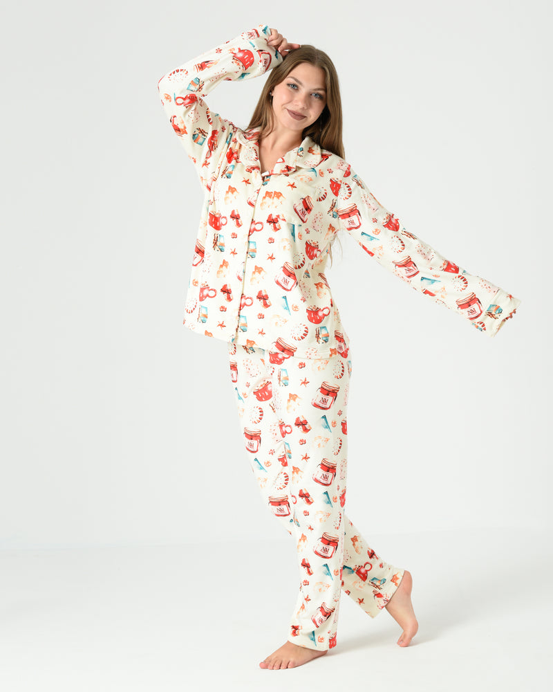 Cream Printed Button-Up – Women Winter Velvet Pajama Set