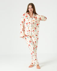 Cream Printed Button-Up – Women Winter Velvet Pajama Set