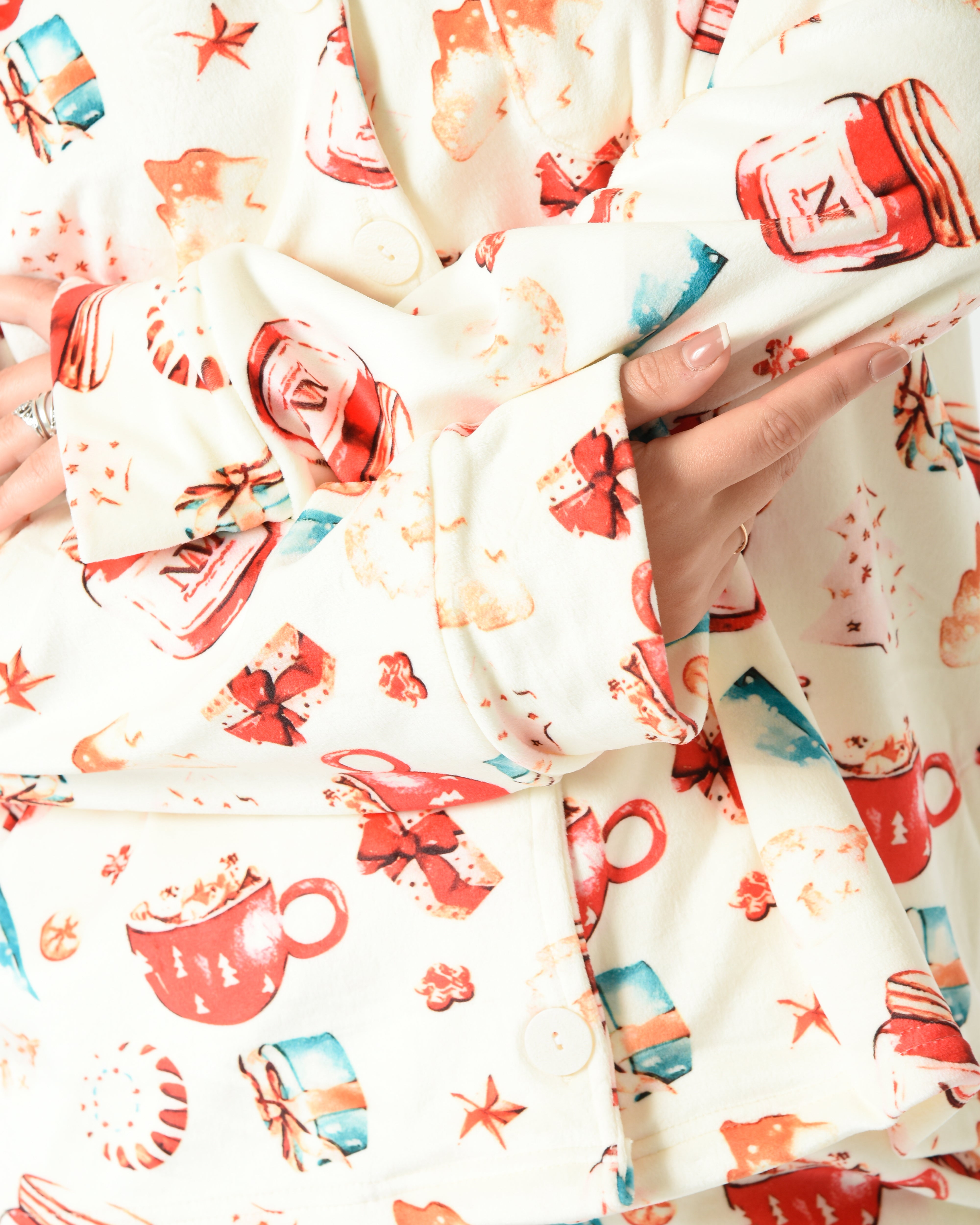 Cream Printed Button-Up – Women Winter Velvet Pajama Set