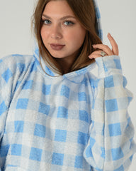 Women's Oversized Winter Hoodie Night Shirt– Blue Check Fur with Matching Socks