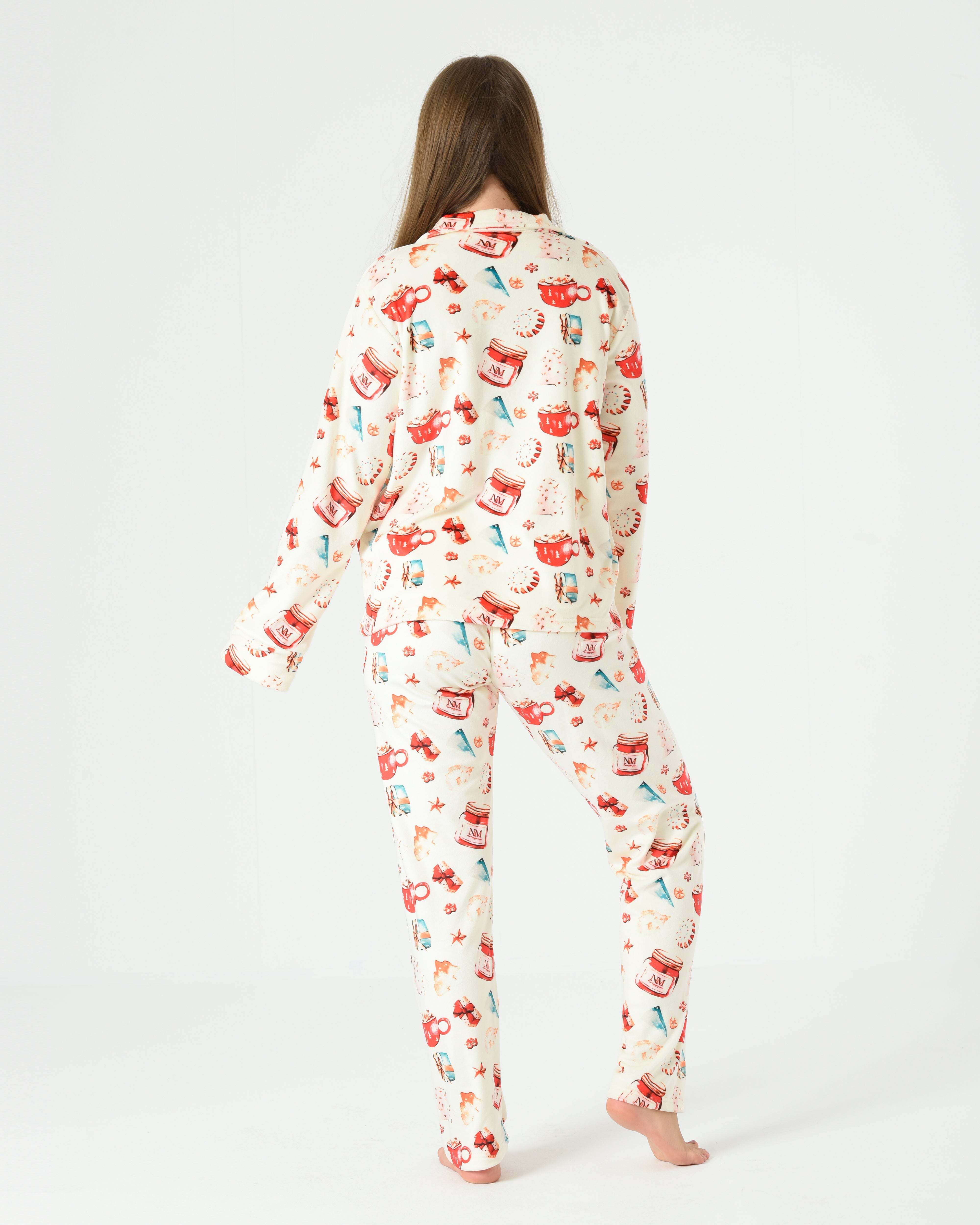 Cream Printed Button-Up – Women Winter Velvet Pajama Set