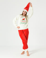 Women 3-Pieces Christmas Fur Pajama Set – Red & White