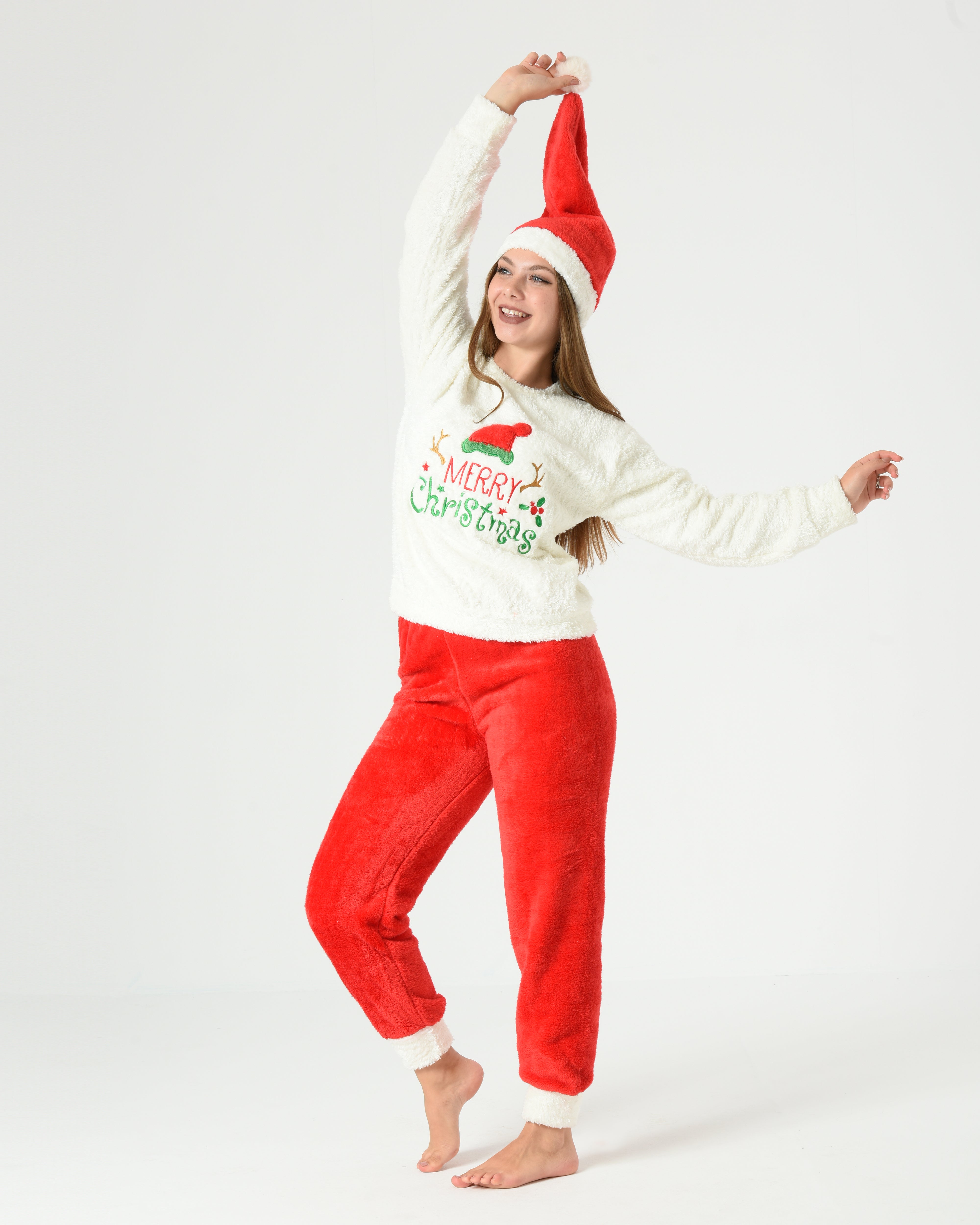 Women 3-Pieces Christmas Fur Pajama Set – Red & White