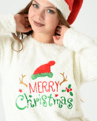 Women 3-Pieces Christmas Fur Pajama Set – Red & White